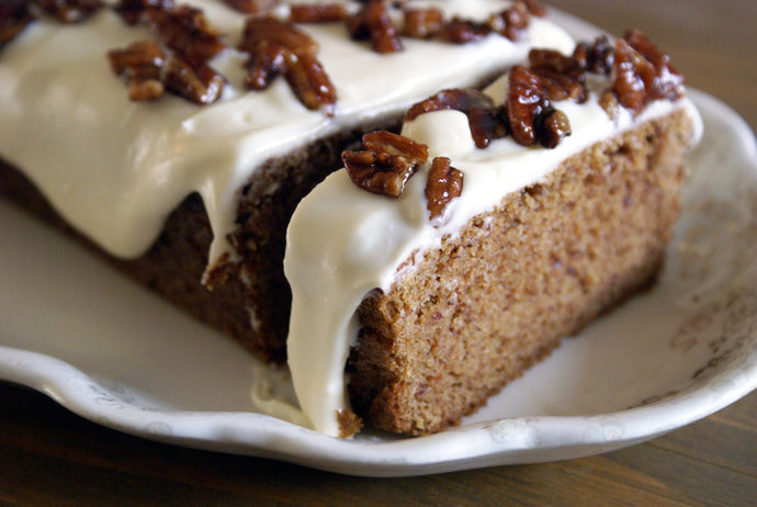 Pumpkin Spice Cake with Maple Cream Cheese Frosting & Glazed Pecans - keto, low carb, sugar-free, gluten free